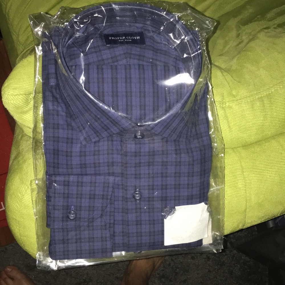 Navy blue checkered button up by Proper Cloth.